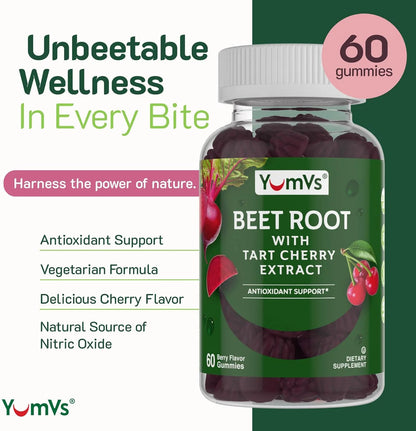 Yum-V’S Beet Root Gummies with Tart Cherry Extract for Blood Circulation and Antioxidant Support, Berry Flavor 60 Count