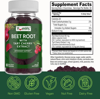 Yum-V’S Beet Root Gummies with Tart Cherry Extract for Blood Circulation and Antioxidant Support, Berry Flavor 60 Count